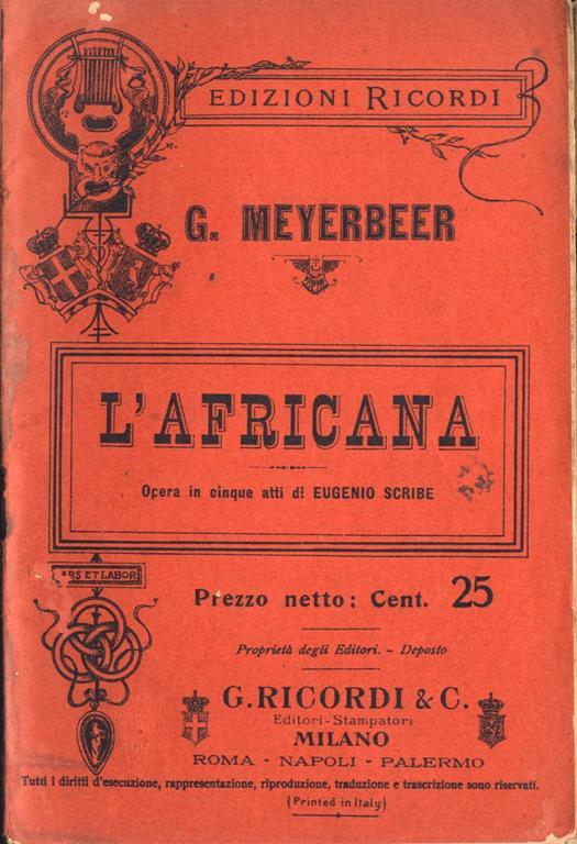 L' africana. Opera in cinque atti - Giacomo Meyerbeer - copertina