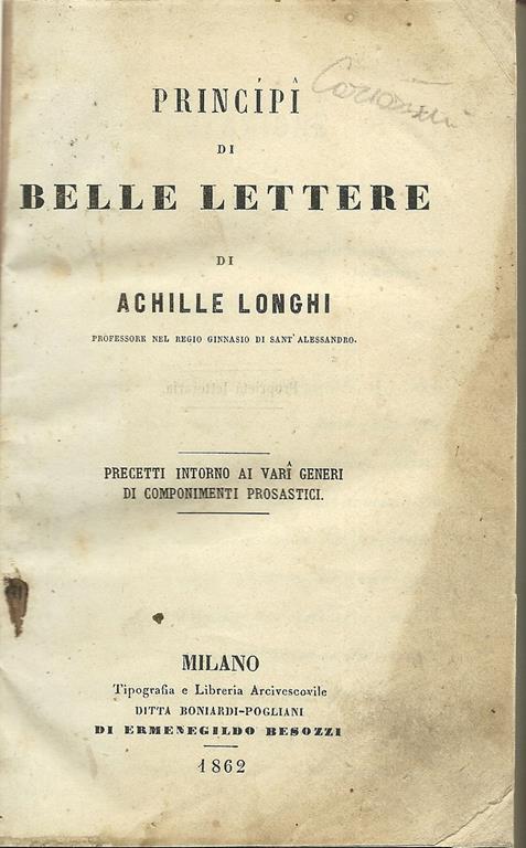 Principi Di Belle Lettere - Achille Longhi - copertina