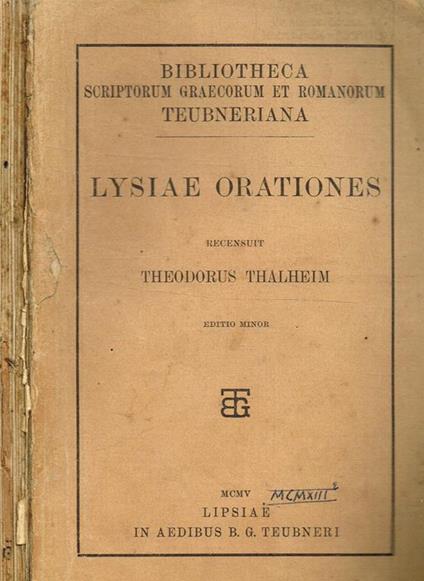 Lysiae Orationes. Recensuit Theodorus Thalheim - copertina