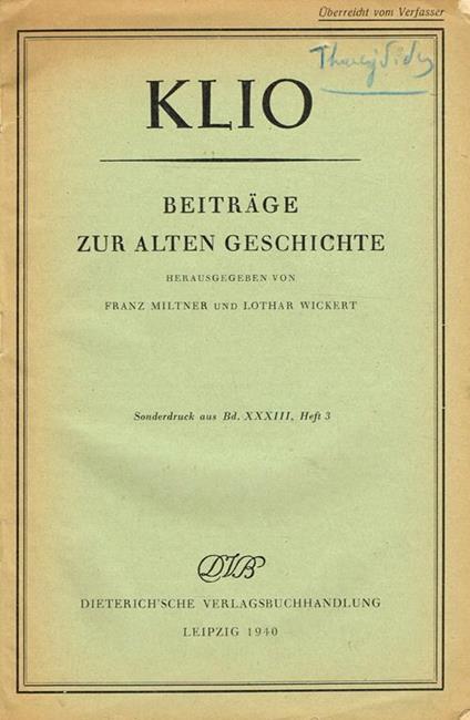 Klio. Beitrage Zur Alten Geschichte. Sonderdruck Aus Bd.Xxxiii Heft 3 - Franz Miltner - copertina