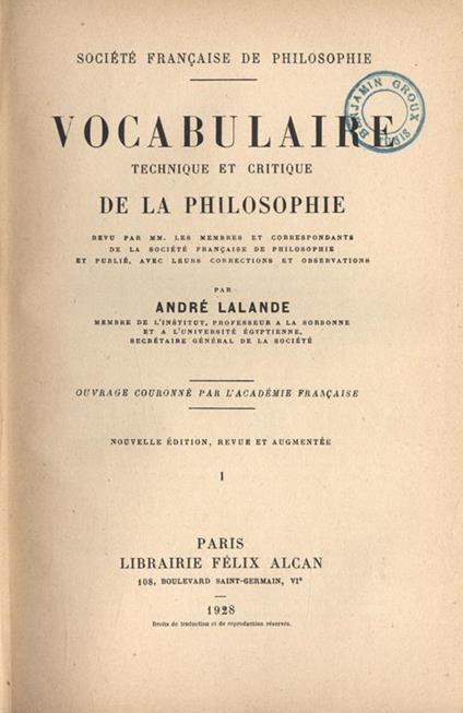 Vocabulaire technique et critique de la philosophie Vol. I - copertina