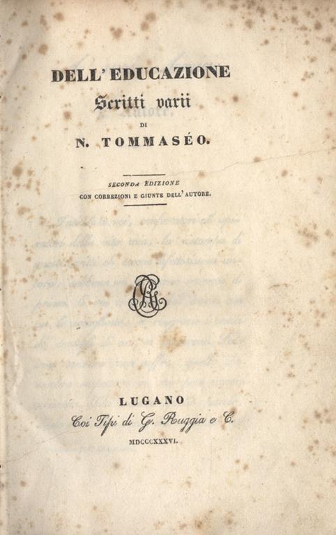 DelL'educazione Scritti varii di N. Tommaseo - Niccolò Tommaseo - copertina