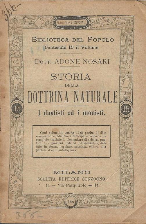 Storia Della Dottrina Naturale I Dualisti Ed I Monisti - copertina