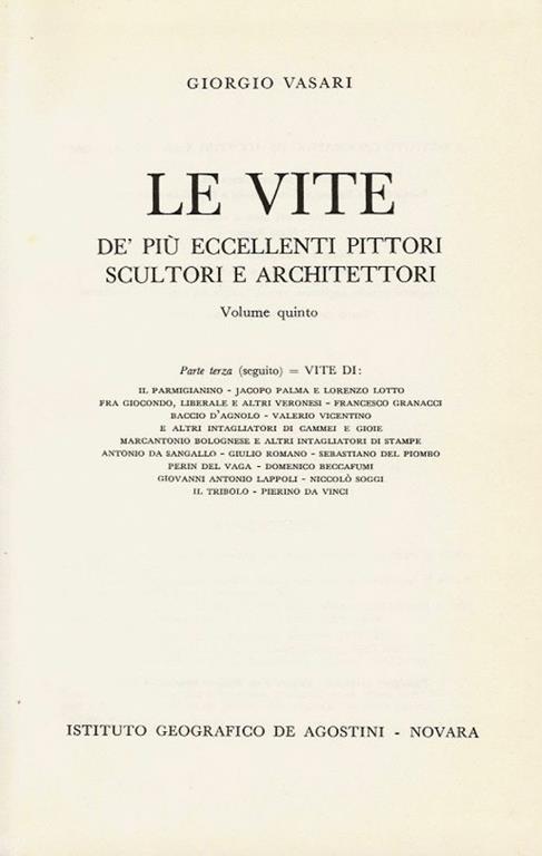 Le Vite vol. V De piu eccellenti pittori, scultori e architettori - Giorgio Vasari - copertina