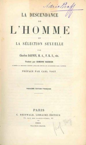 La descendance de l'homme et la sélection sexuelle. Troisième édition française - Charles Darwin - copertina