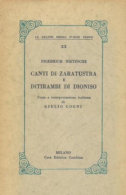 Canti di Zaratustra e ditirambi di Dioniso - Friedrich Nietzsche - copertina