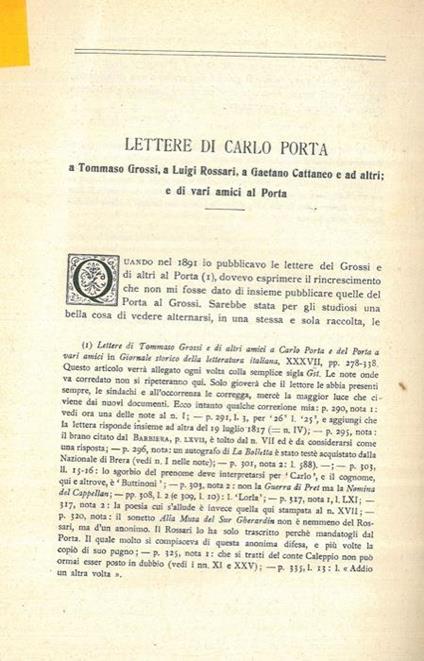 Lettere di Carlo Porta a Tommaso Grossi, a Luigi Rossari, a Gaetano Cattaneo e ad altri e di vari amici al Porta - Carlo Salvioni - copertina