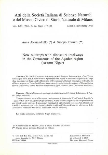 New outcrops with dinosaurs trackways in the Cretaceous of the Agadez region (Eastern Niger) - Anna Alessandrello - copertina