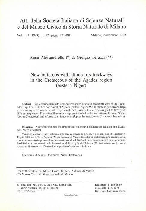 New outcrops with dinosaurs trackways in the Cretaceous of the Agadez region (Eastern Niger) - Anna Alessandrello - copertina