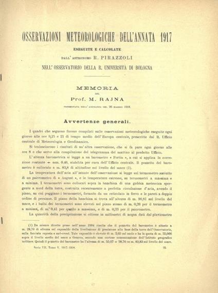 Osservazioni meteorologiche dell'annata 1917 eseguite e calcolate dall'asgtronomo R. Pirazzoli nell'Osservatorio della R. Università di Bologna - Michele Rajna - copertina