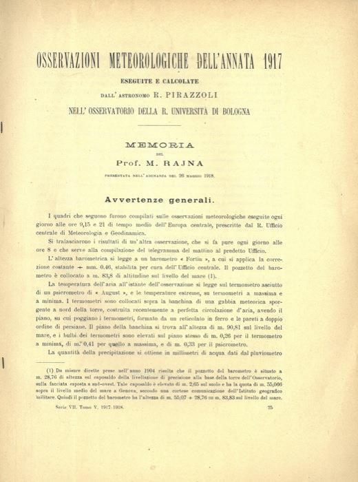 Osservazioni meteorologiche dell'annata 1917 eseguite e calcolate dall'asgtronomo R. Pirazzoli nell'Osservatorio della R. Università di Bologna - Michele Rajna - copertina