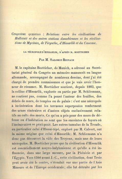 Relations entre les civilisations de Hallstatt et des autres stations danubiennes et les civilisations de Mycènes, de Tirynthe, d'Hissarlik et du Caucase. 1. La nécropole d'Hissarlik, d'après M.Boetticher. 2. Ilium dans ses relations avec les autres - Salomon Reinach - copertina