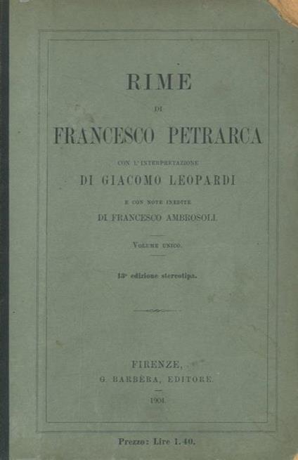 Rime di Francesco Petrarca con l'interpretazione di Giacomo Leopardi - Francesco Petrarca - copertina