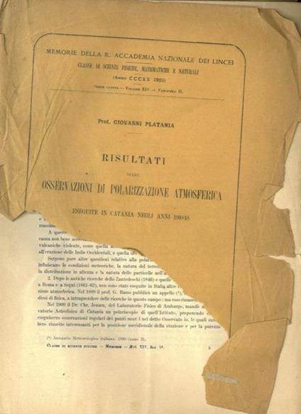 Risultati delle osservazioni di polarizzazione atmosferica eseguite in Catania negli anni 1910-18 - Giovanni Platania - copertina