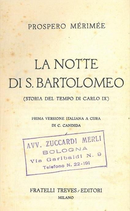 La notte di S. Bartolomeo (storia del tempo di Carlo IX) - Prosper Mérimée - copertina