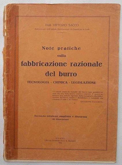 Note pratiche sulla fabbricazione razionale del burro - Vittorio Sacco - copertina