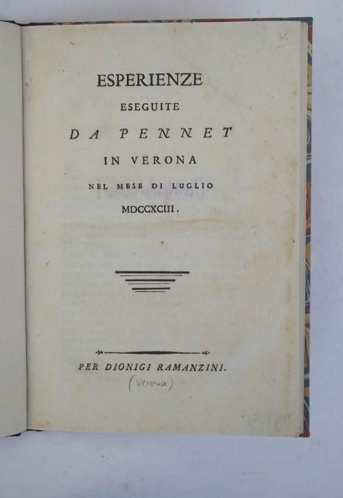 Esperienze eseguite da Pennet in Verona nel mese di luglio 1793 - G. Battista Gazola - copertina