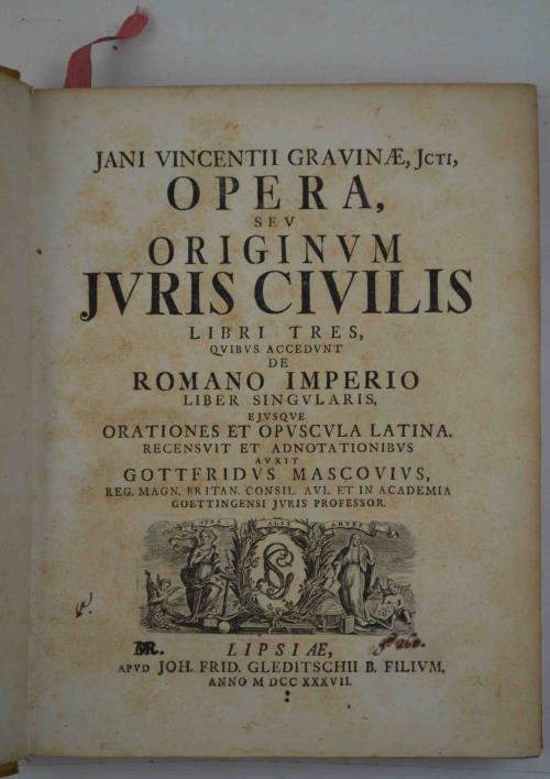 Opera, seu originum juris civilis libri tres, quibus accedunt de Romano Imperio liber singularis - Gianvincenzo Gravina - copertina