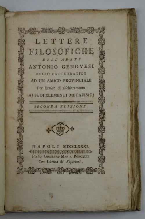 Lettere filosofiche ad un amico provinciale per servire di rischiaramento ai suoi elementi metafisici. Seconda edizione - Antonio Genovesi - copertina