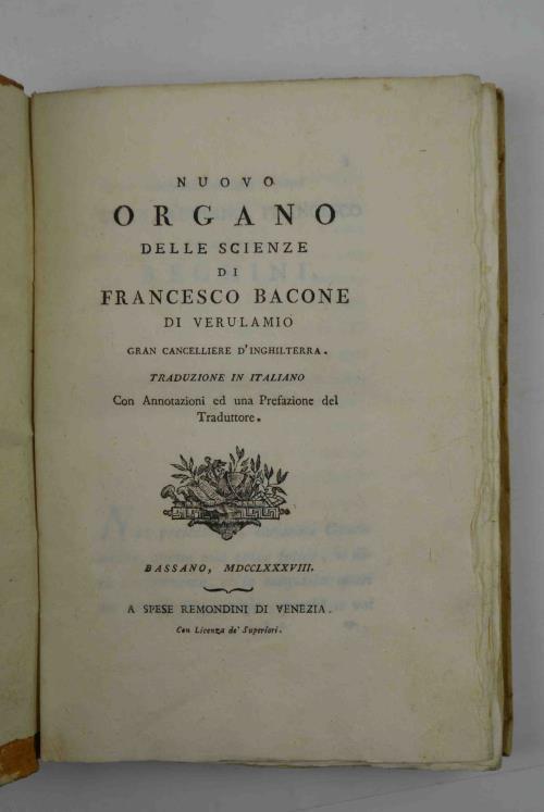 Nuovo Organo delle Scienze di Francesco Bacone di Verulamio. Traduzione in italiano con Annotazioni ed una Prefazione del Traduttore - Francis Bacon - copertina