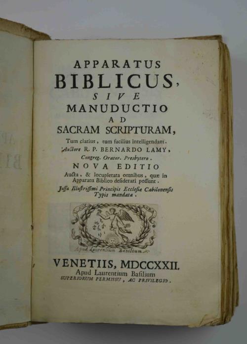 Apparatus biblicus, sive manductio ad Sacram Scripturam, tum claris, tum facilius intelligendam. Nova editio. - Bernard Lamy - copertina