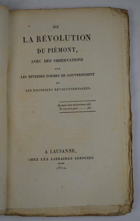 De la Révolution du Piémont avec des observations sur les diverses formes de gouvernement et les doctrines révolutionnaires - Ignazio Thaon di Revel - copertina