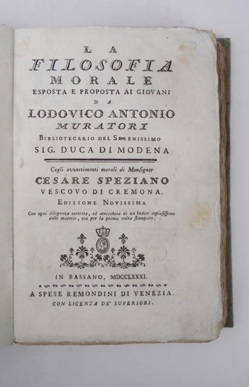 la filosofia morale esposta e proposta ai giovani… cogli avvertimenti morali di monsignor Cesare Speziano vescovo di Cremona - Lodovico Antonio Muratori - copertina