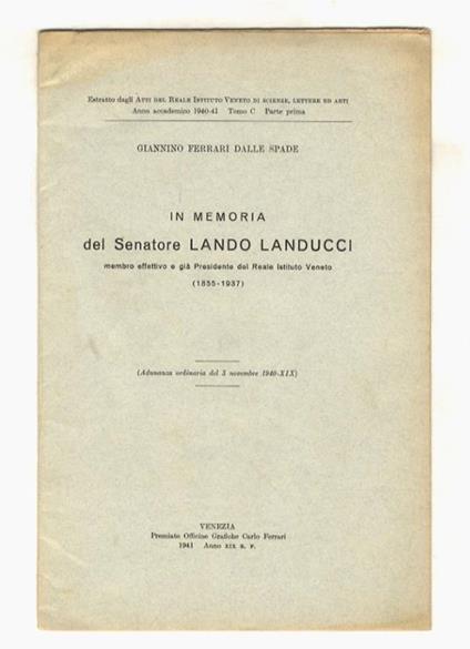 In memoria del senatore Lando Landucci [...] (1855 - 1937) - copertina