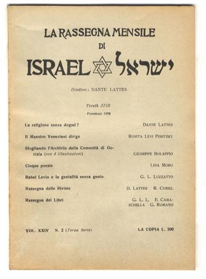 RASSEGNA (LA) mensile di Israel. Vol. XXIV. Dal n. 1 (Terza serie). Gennaio 1958 (Teveth 5718) al n. 11-12 (Terza serie) Novembre-dicembre 1958 (Kheshvàn-Teveth 5719). [Annata completa] - copertina
