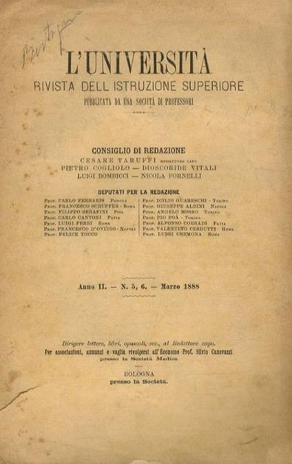 UNIVERSITÀ (L'). Rivista dell'istruzione superiore. Pubblicata da una società di professori. Anno II. N. 5 e 6. Marzo 1888 - copertina