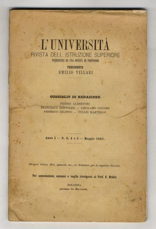 UNIVERSITÀ (L'). Rivista dell'istruzione superiore. Pubblicata da una società di professori. Anno I. N. 3, 4 e 5. Maggio 1887 - copertina