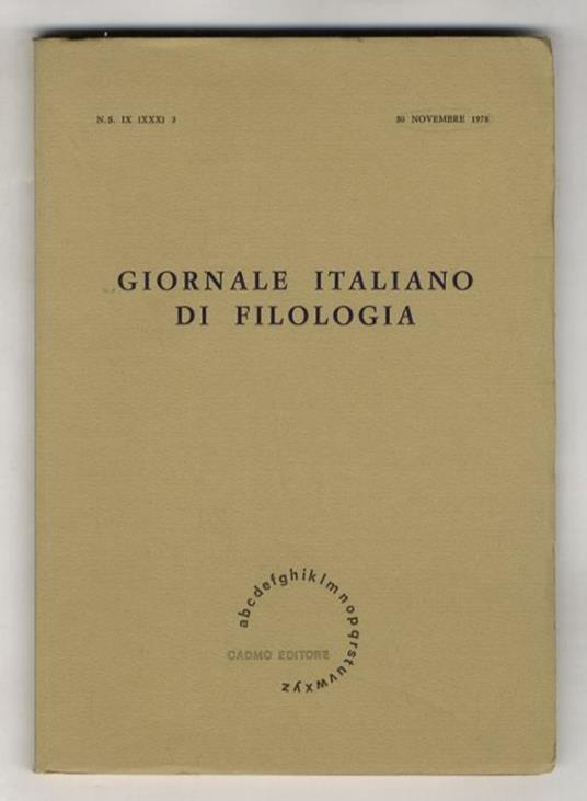 Giornale italiano di Filologia. Rivista quadrimestrale. 30 Novembre 1978.(Segnaliamo - copertina