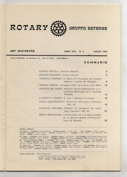 Relazioni politico-diplomatiche tra il cardinale Bentivoglio ed il cardinale Richelieu.(In: "Rotary - Gruppo Estense". Anno XXII, N. 2) - Raffaele Belvederi - copertina