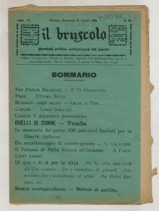 BRUSCOLO (IL) giornale politico settimanale del popolo. Anno IV. N. 35. Firenze, domenica 28 agosto 1904 - copertina