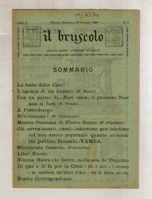 BRUSCOLO (IL) giornale politico settimanale del popolo. Anno V. N. 5. Firenze, domenica 29 gennaio 1905 - copertina