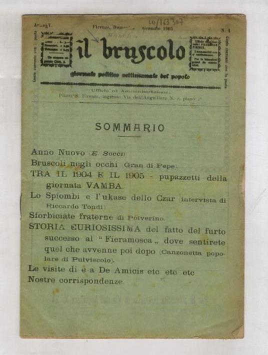 BRUSCOLO (IL) giornale politico settimanale del popolo. Anno V. N. 1. Firenze, domenica 1 gennaio 1905 - copertina