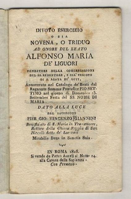 Divoto esercizio o sia novena, o triduo ad onore del Beato Alfonso Maria de' Liguori - copertina