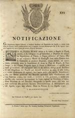 “Notificazione”. Sua Altezza Reale Avoca a se tutte le Cause insorte, tra gl'Interessati, e Deputati di ciascuna Imposizione di Fiumi, e Fogne all'Epoca fissata nel rispettivo Conto di Consegna... Comprese le Imposizioni di Arno in Pian di Ripoli, di