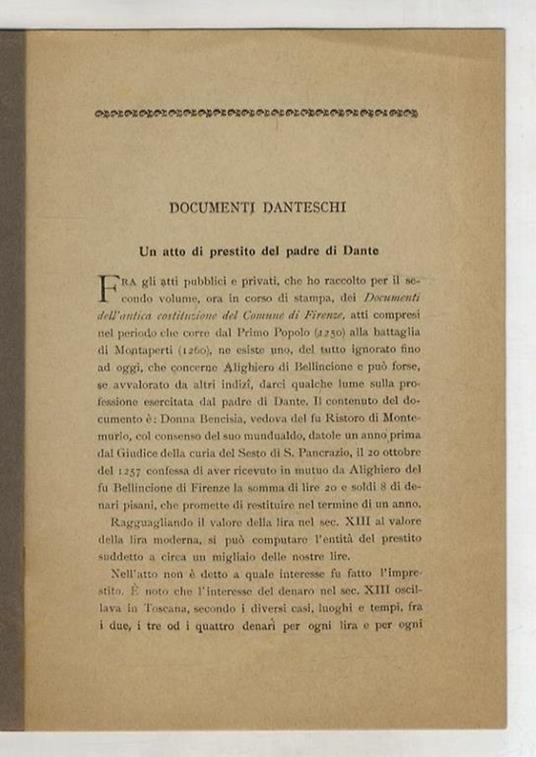 Documenti danteschi. Un atto di prestito del padre di Dante - Piero Santini - copertina