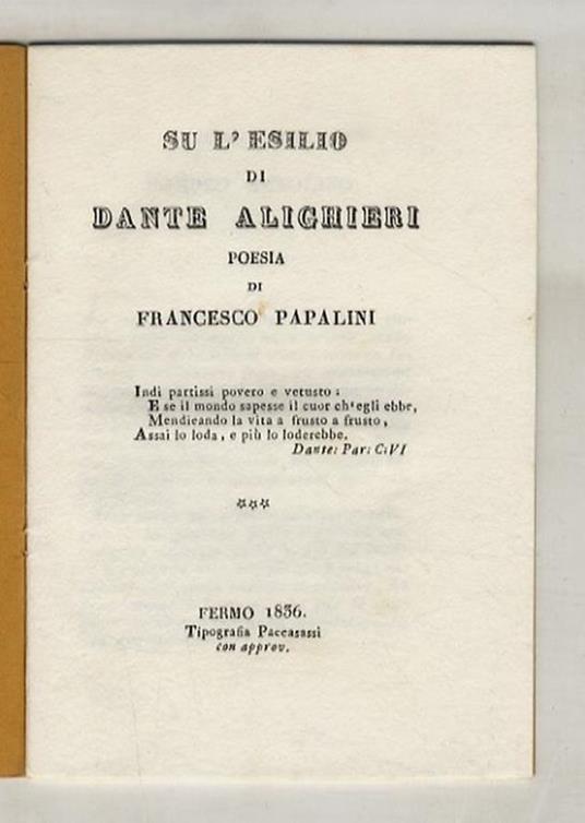 Su l esilio di Dante Alighieri. Poesia P. Francesco