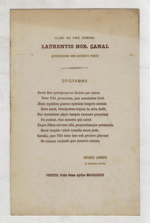 Illmo. ac Rmo. Laurentio nob. Canal quinquagesimo anno sacerdotii functo. Epigramma - copertina