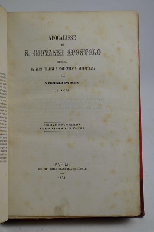 Apocalisse di S. Giovanni Apostolo recata in versi italiani e storicamente interpretata da Vincenzo Padula - copertina