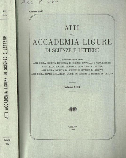 Atti della accademia Ligure di scienze e lettere. Volume XLIX, 1992 - copertina