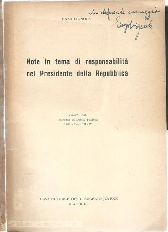 Note in tema di responsabilità del Presidente della Repubblica - Enzo Lignola - copertina