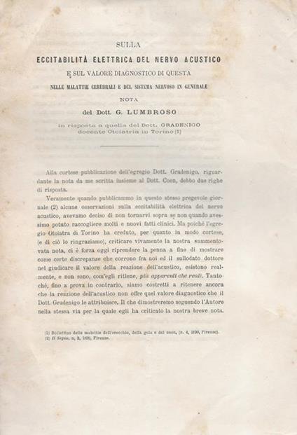 Sulla eccitabilità elettrica del nervo acustico e sul valore diagnostico di questa nelle malattie cerebrali e del sistema nervoso in generale - copertina
