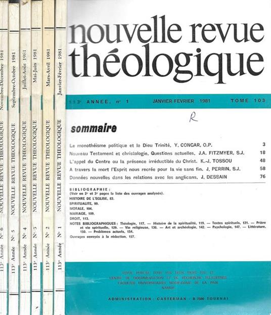 Nouvelle Revue Théologique 113° annee N. 1, 2, 3, 4, 5, 6 (Annata completa in 6 uscite) - Louis-Robert Casterman - copertina