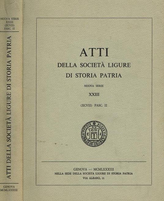 Atti della SocietÓ Ligure di Storia Patria, nuova serie XXIII (XCVII), fascicolo II, 1983 - copertina