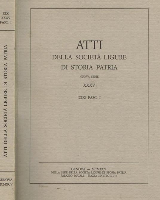 Atti della Società Ligure di Storia Patria. Nuova Serie, XXXV (CIX) fasc.I - copertina
