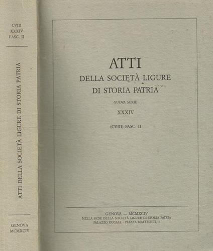 Atti della Società Ligure di Storia Patria nuova serie XXXIV (CVIII) fasc.II - copertina