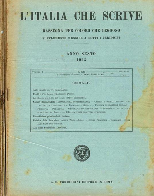 L' Italia che scrive. Rassegna per coloro che leggono. Supplemento mensile a tutti i periodici anno sesto, n.1, 3, 4, 5, 6, 7, 8, 10, 12, 1923 - copertina